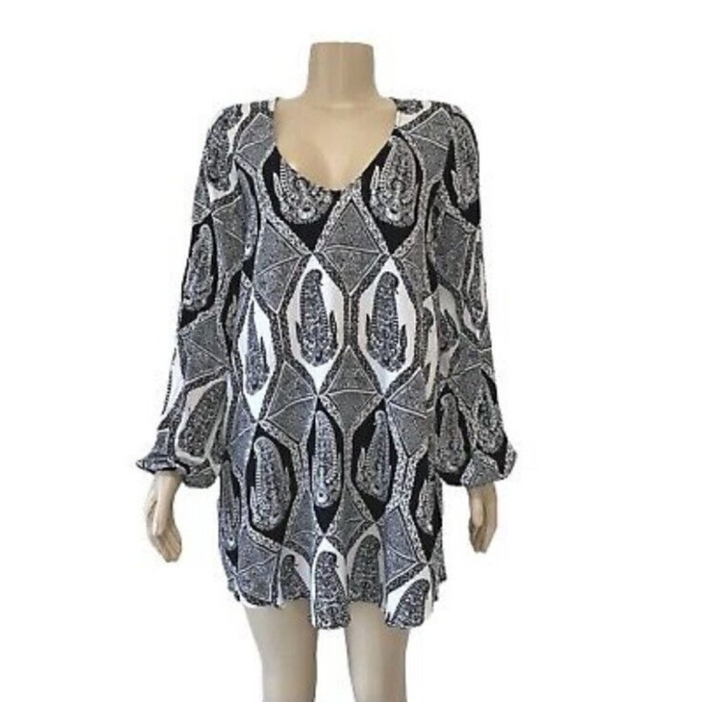 Show Me Your Mumu Tunic Black Paisley Ikat Boho Peasant Mini Dress Size XS